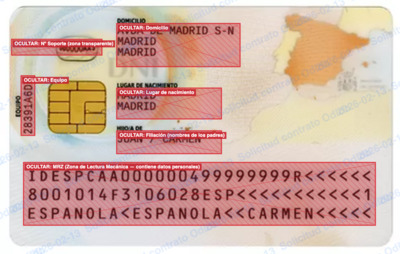 DNI español (reverso) con datos enmascarados