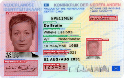 Voorkant van een geanonimiseerd Nederlands identiteitsbewijs