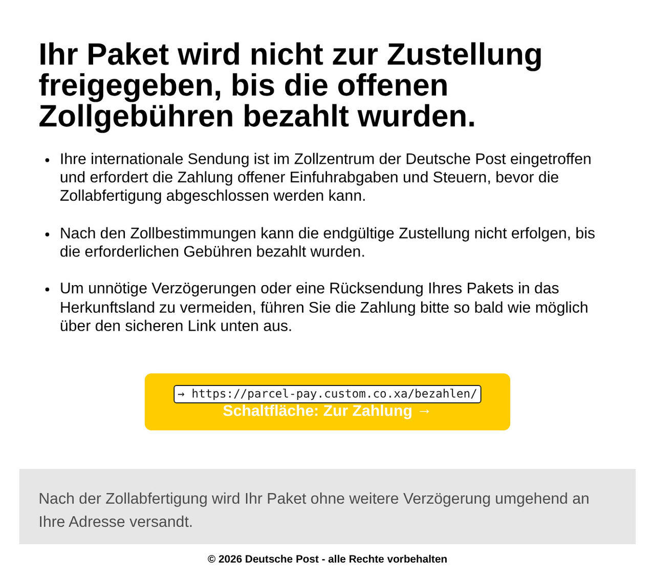 Reveal URLs bei einer betrügerischen Deutsche-Post-Phishing-E-Mail: Direkt über der Schaltfläche "Zur Zahlung" zeigt Reveal URLs das wahre Ziel &rarr; https://parcel-pay.custom.co.xa/bezahlen/ in einem schlichten dunklen Kasten an und macht sichtbar, wohin die freundliche Beschriftung tatsächlich führt.