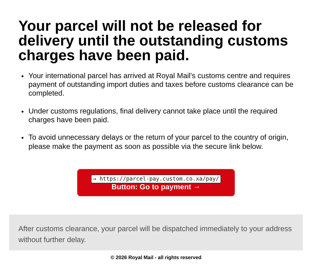 Reveal URLs on a fraudulent Royal Mail phishing email: directly above the "Go to payment" button, Reveal URLs prints the button's real destination &rarr; https://parcel-pay.custom.co.xa/pay/ in a plain dark box, exposing where the friendly label actually leads.